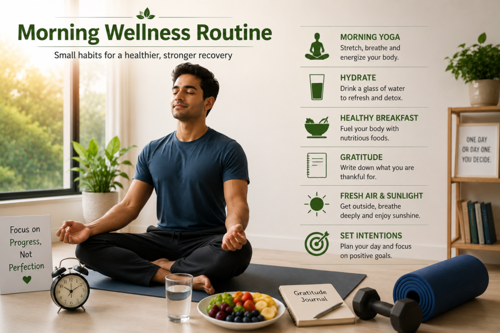 A consistent morning wellness routine that includes yoga, mindfulness, hydration, and healthy nutrition lays a strong foundation for lasting addiction recovery.