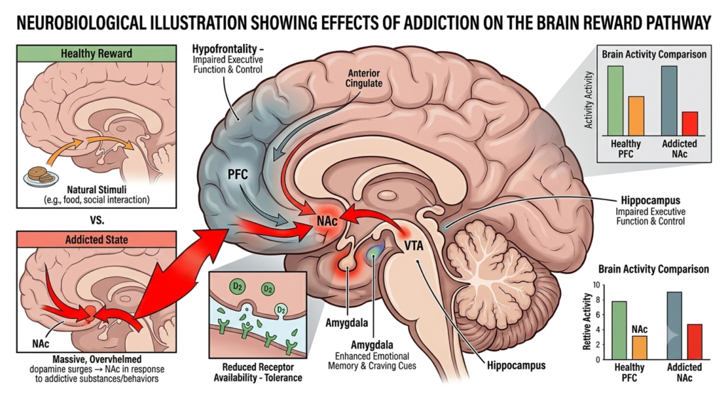 Medical infographic showing a comparison of a healthy brain reward pathway versus an addicted state