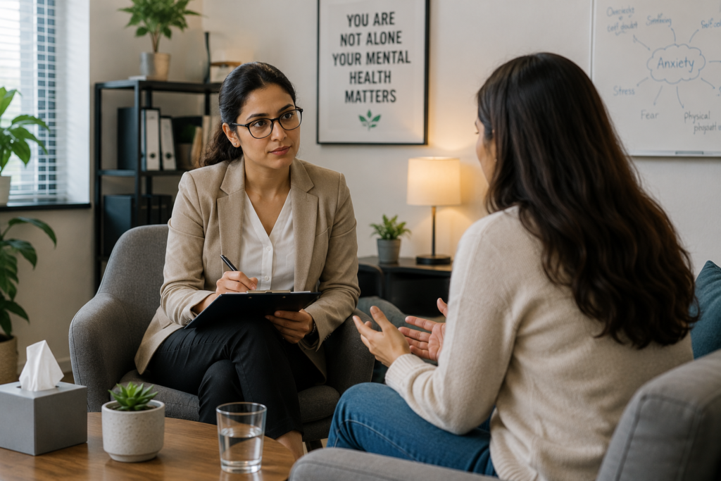 A concerned family member discussing personal boundaries with a counsellor in a professional setting