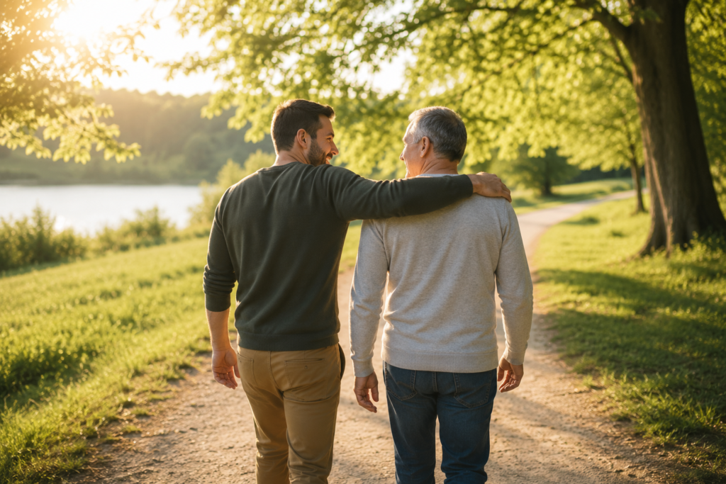 A realistic, hopeful image of an adult walking outdoors with a family member in a peaceful natural environment, symbolising renewed trust and a fresh beginning