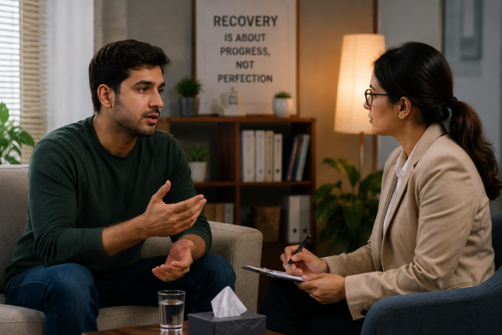 A realistic image of an adult speaking with a professional counsellor about difficult thoughts and emotions during recovery
