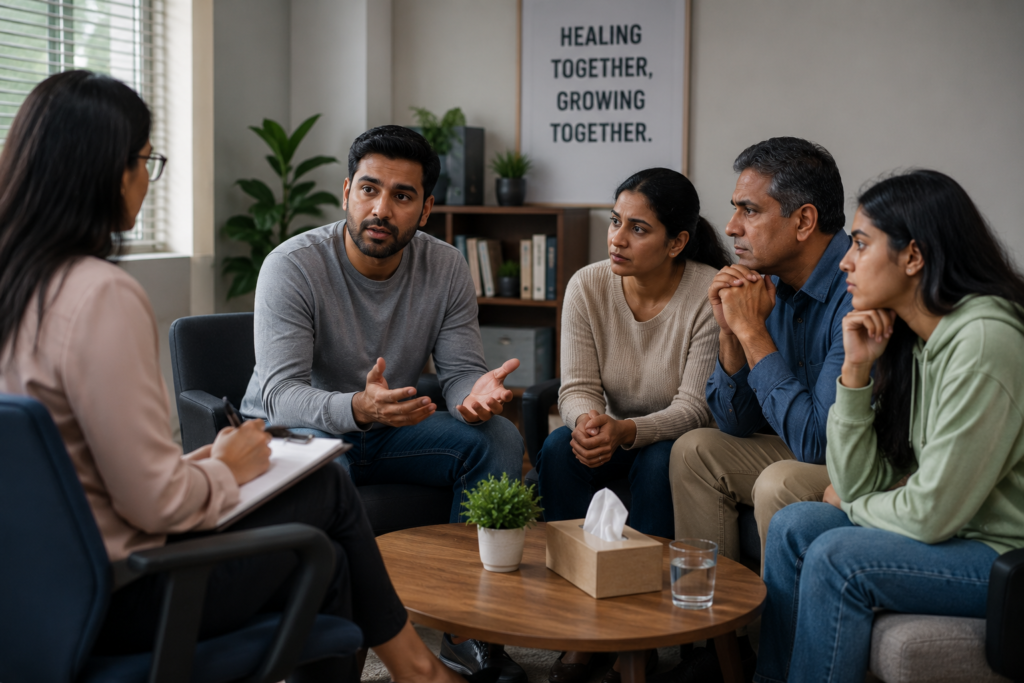 A realistic family counselling session showing an adult in recovery speaking with family members and a professional counsellor