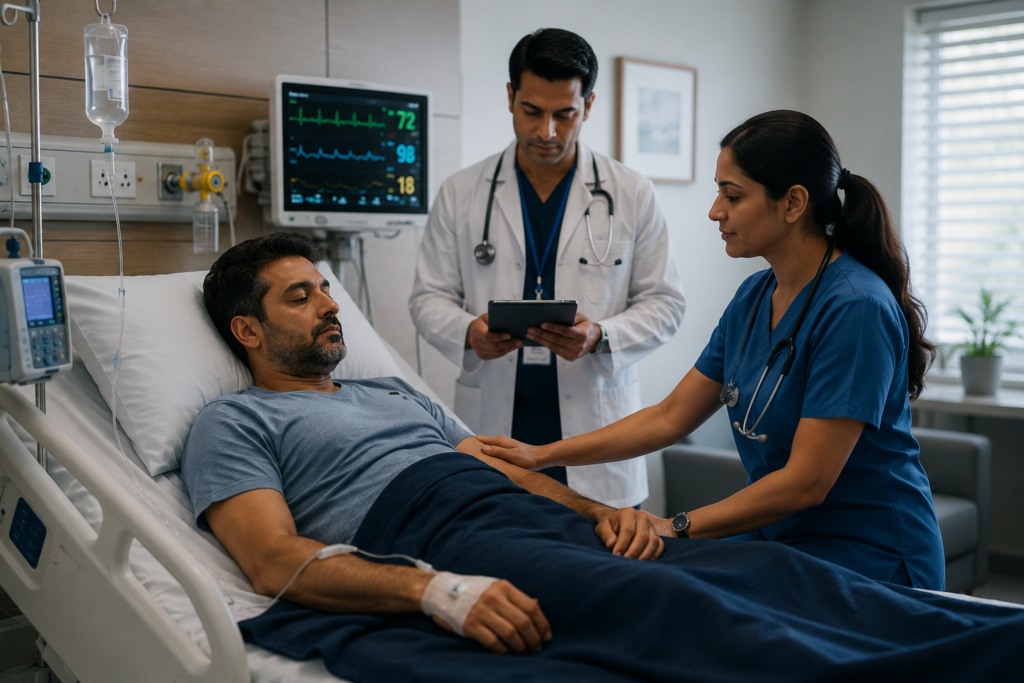 A realistic image of qualified healthcare professionals monitoring and supporting an adult during a supervised detoxification programme