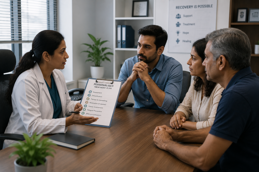 A realistic image of a healthcare professional discussing a personalised addiction treatment plan with an adult and family members