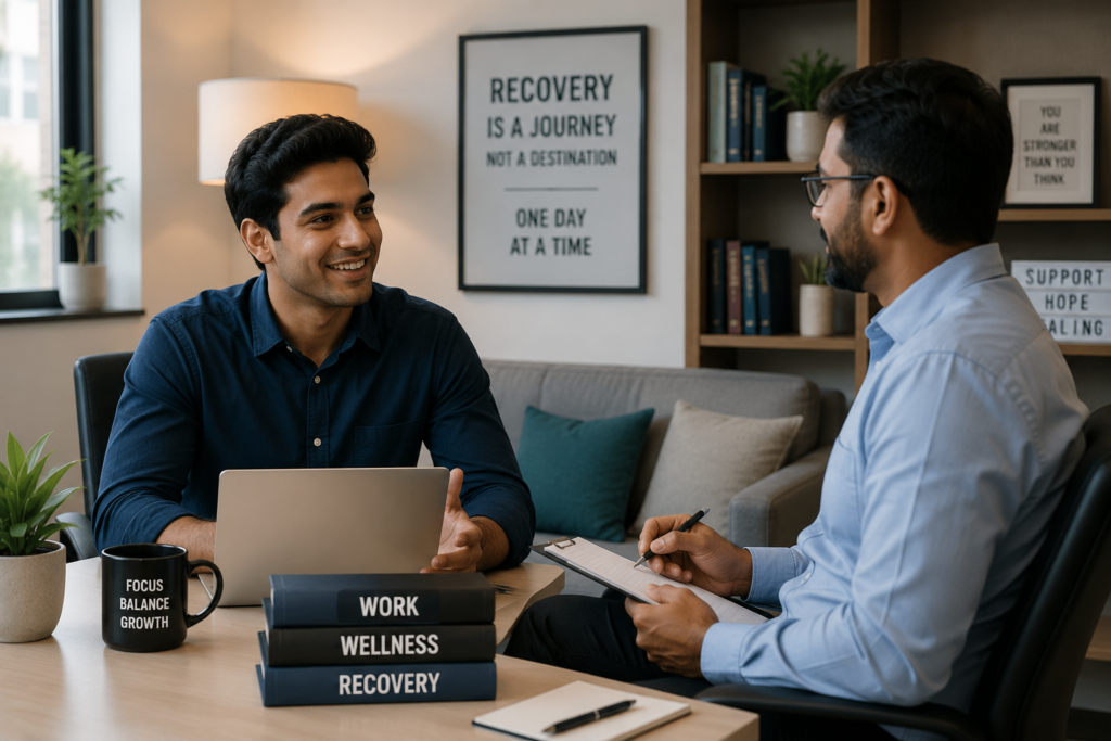 A realistic image of an adult successfully balancing work and recovery with support from a counsellor