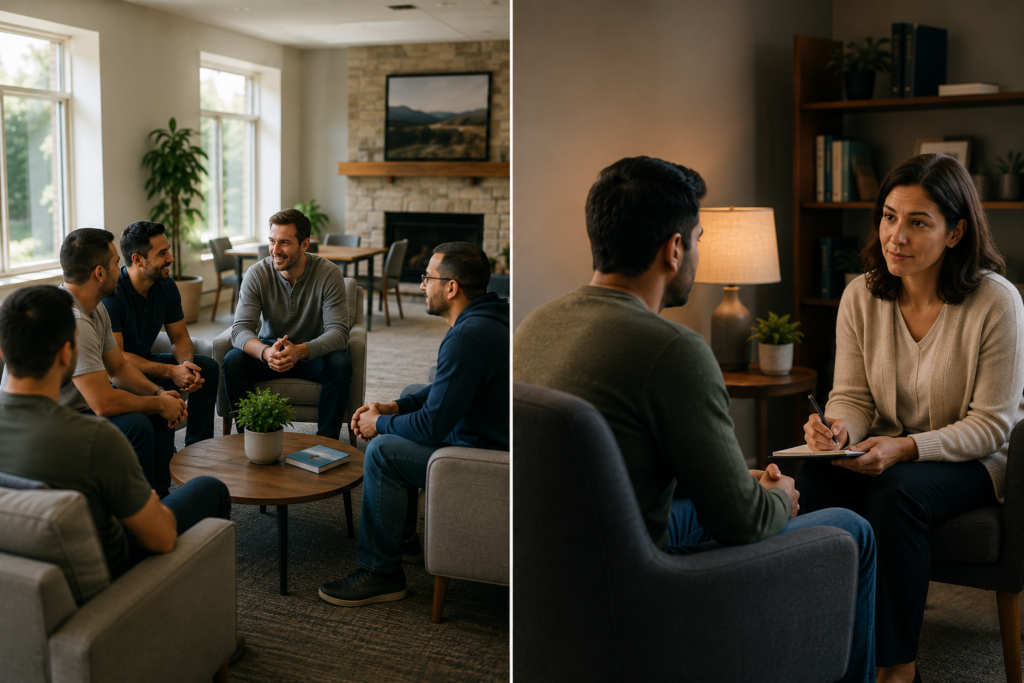 A realistic image of an adult in recovery participating in a supportive counselling session while continuing to live at home