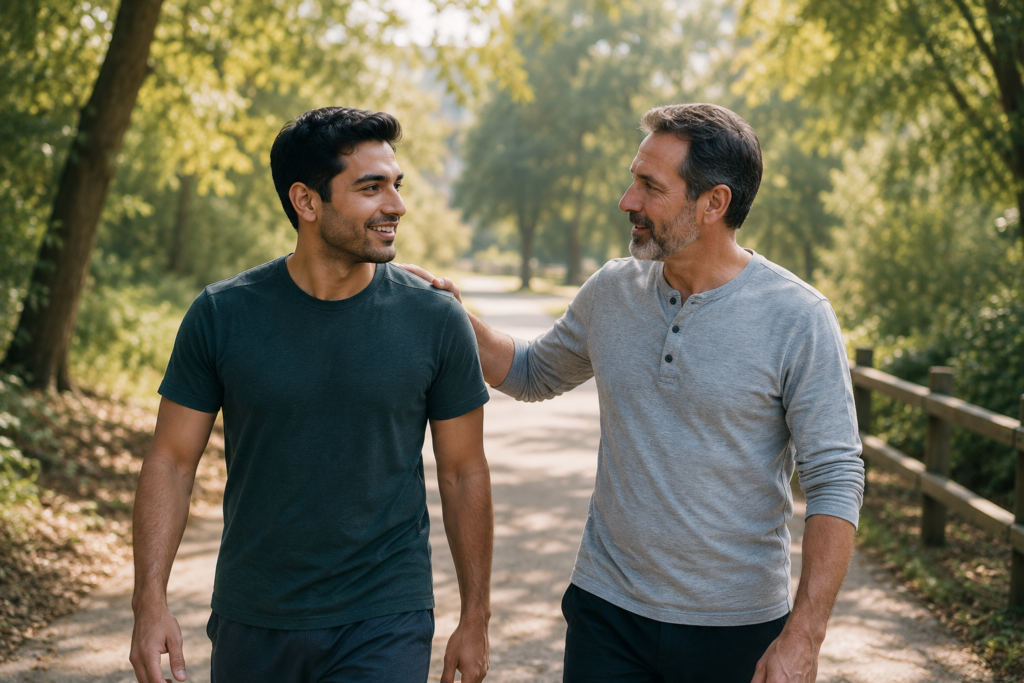 A realistic, hopeful image of an adult in recovery walking outdoors with a supportive family member or counsellor, symbolising continued recovery and aftercare