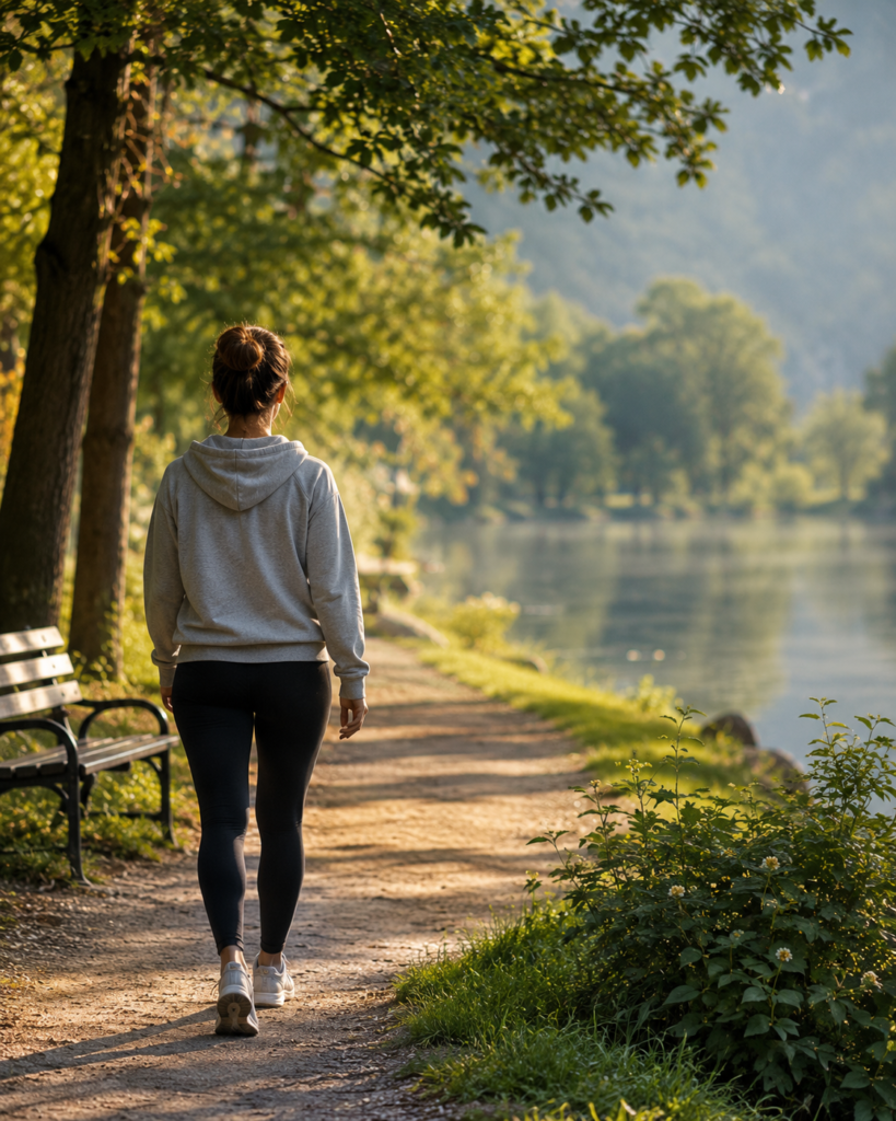 A peaceful image of a family member practising self-care through a walk in nature or quiet personal time