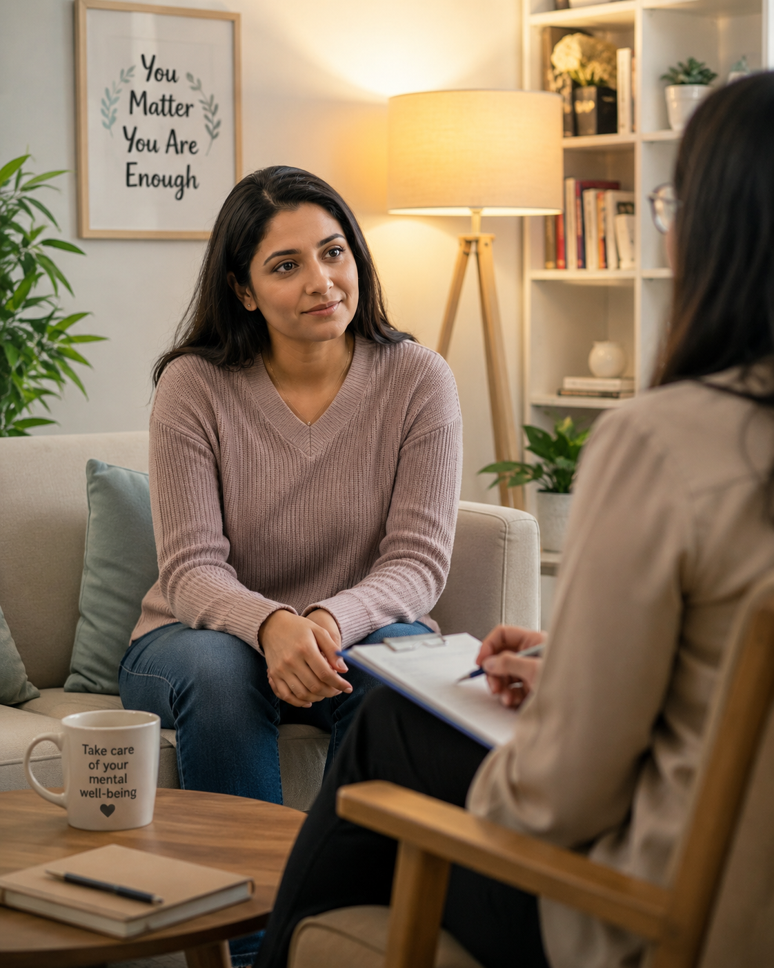 A hopeful image of a family member receiving supportive counselling while maintaining personal emotional well-being