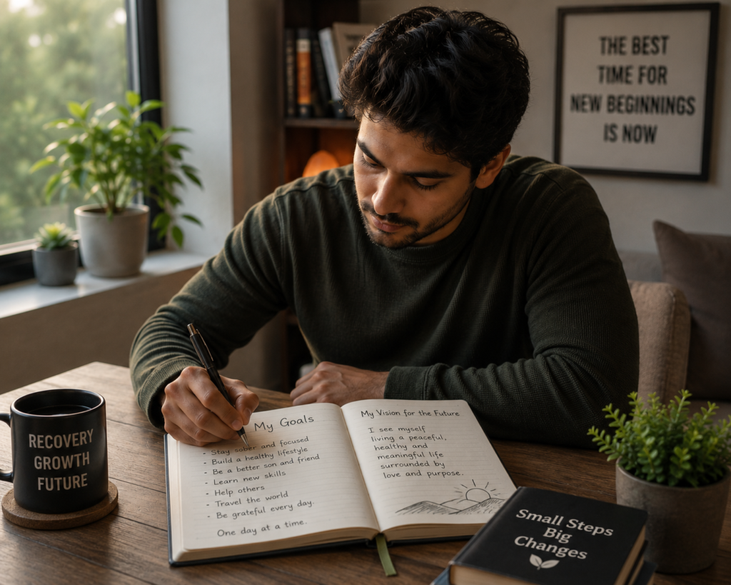 An adult writing personal goals and reflecting on the future in a recovery journal