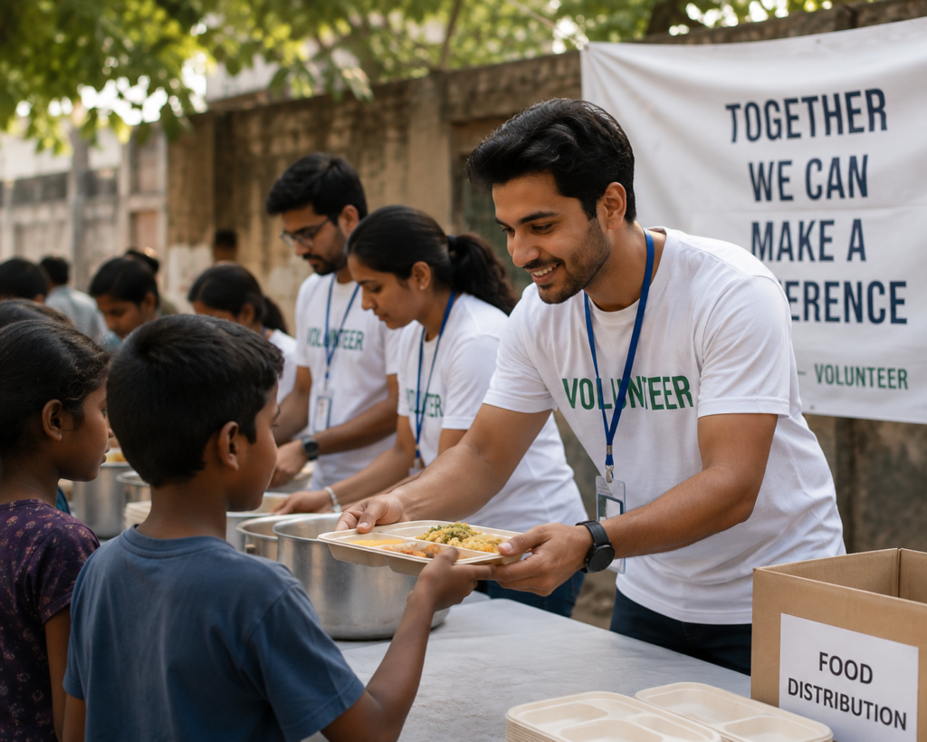 "An adult volunteer participating in a positive community activity, symbolising purpose and contribution"