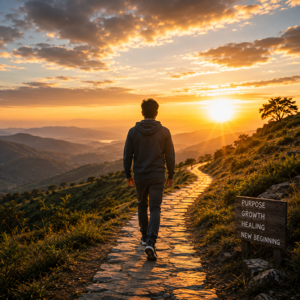 "An adult walking confidently toward a peaceful sunrise, symbolising purpose, growth, and a new beginning"