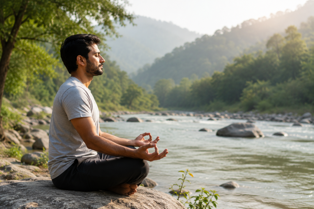 A realistic image of an adult practising mindfulness or meditation in a calm natural setting