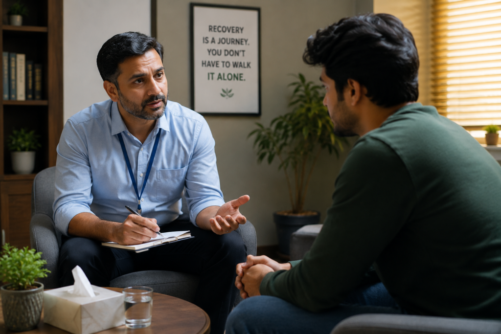 A realistic counselling session between a trained addiction therapist and an adult discussing emotional challenges in recovery