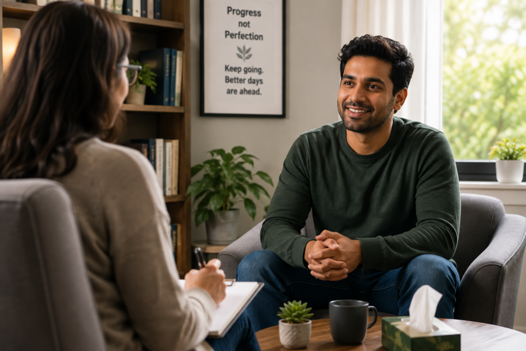 An adult attending a follow-up counselling session with confidence and hope